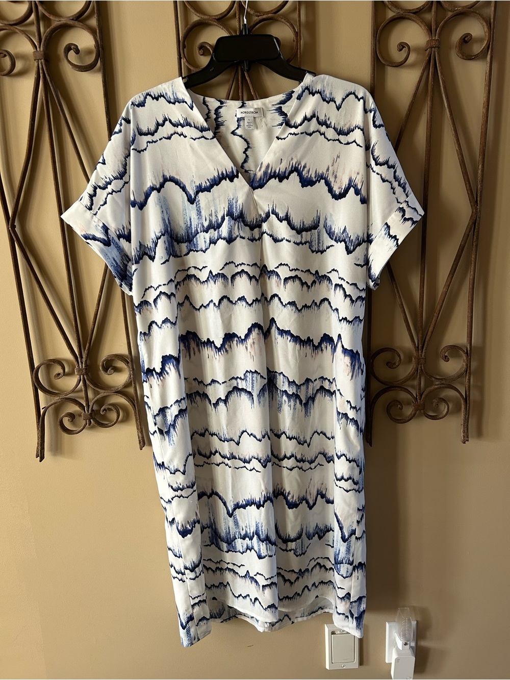 Nordstrom White Midi Dress with Navy Blue Wave Print